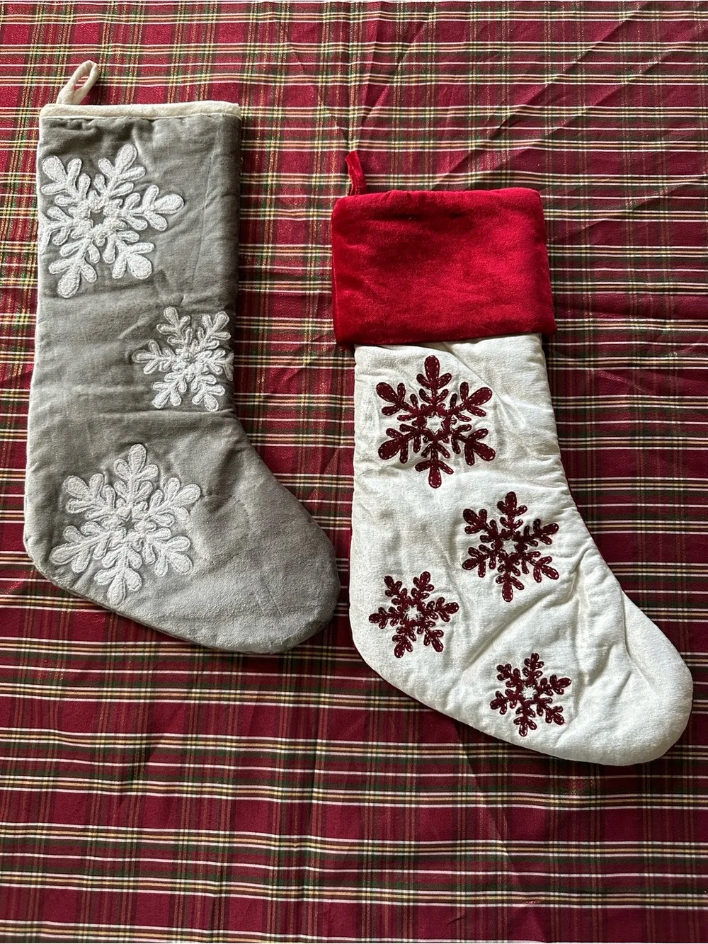 Holiday Snowflake Velvet Stockings - Red & Gray